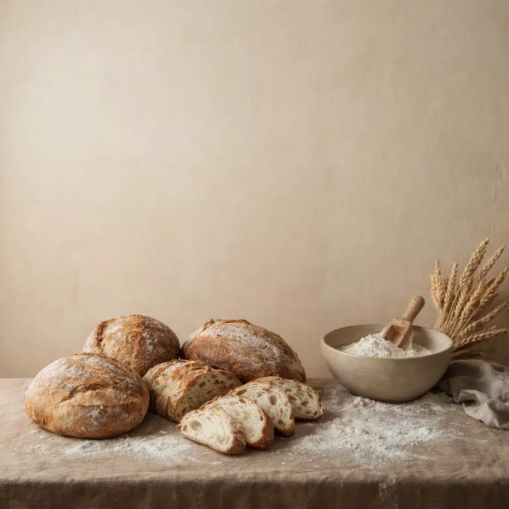 Una escena minimalista y cálida sobre una mesa rústica de madera cubierta ligeramente con harina, frente a una pared de tonos beige suaves y textura natural. Sobre la mesa reposan varios panes artesanales recién horneados, con corteza crujiente y tonos dorados, algunos enteros y otros cortados mostrando una miga esponjosa. A su lado, un cuenco de cerámica lleno de harina, con harina esparcida de forma orgánica alrededor, acompañado de una pala de madera y espigas de trigo secas que aportan un toque natural. La iluminación es suave y difusa, con luz lateral que resalta las texturas del pan, la harina y la madera, creando una atmósfera acogedora, auténtica y artesanal, con un estilo fotográfico limpio, elegante y natural.