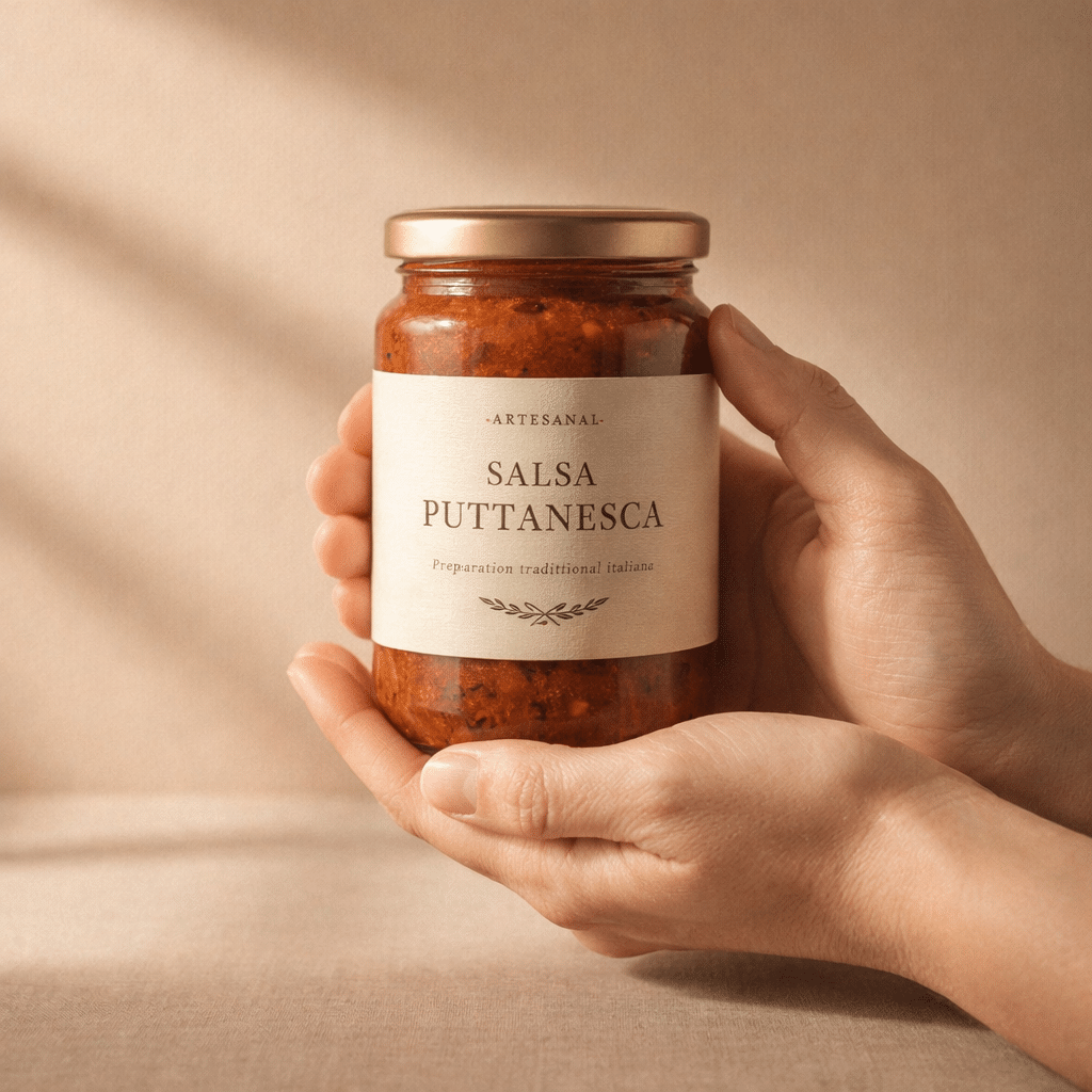 Manos sosteniendo una recipiente de cristal que contiene salsa putanesca tradicional