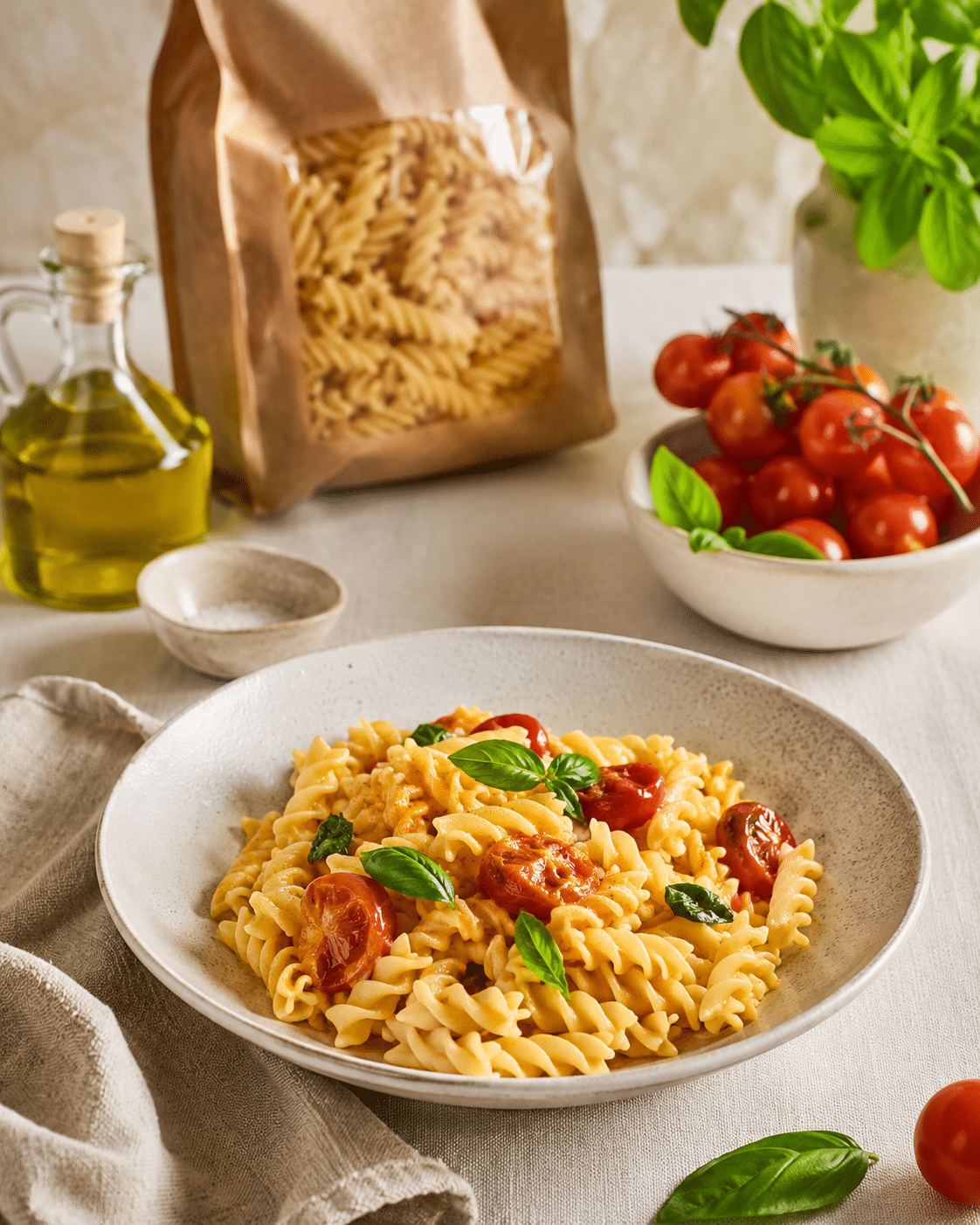 Pasta sin gluten italiana servida en plato claro con ingredientes mediterráneos.