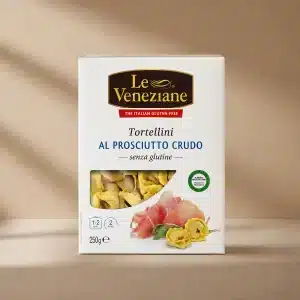 Tortellini sin gluten rellenos de prosciutto crudo, elaborados con harina de maíz y arroz.